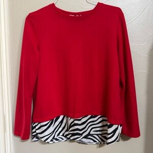 Multiples Women’s Red Long-Sleeve Top with Zebra Print Hem and Back Buttons